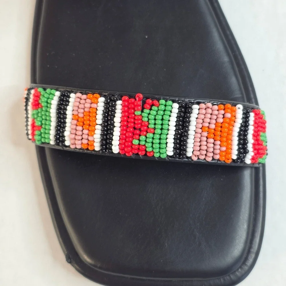 Farm‎ Rio Beaded Square Toe Slide Sandals Womens 10 Black Boho Tropical Resort